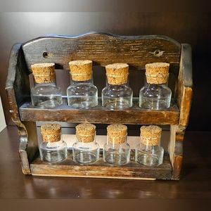 □●Vintage●□ 70's [Wooden Spice Rack] (8) Apothecary Glass Jars w/cork St…
